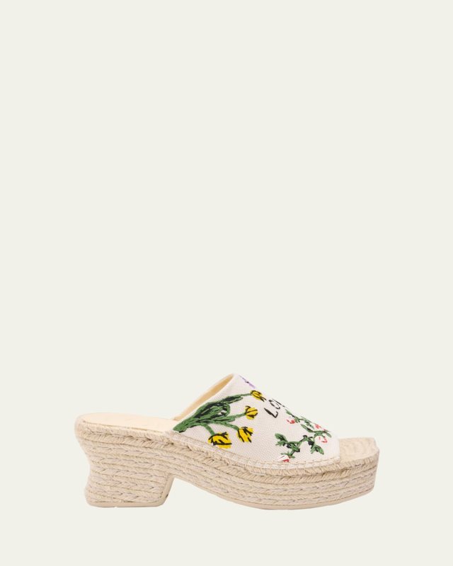 Petal Floral Embroidered Espadrille Platform Mules